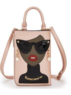 Women Rose Gold Novelty Lady Face PU Leather Shoulder Bag Handle Satchel Clutch